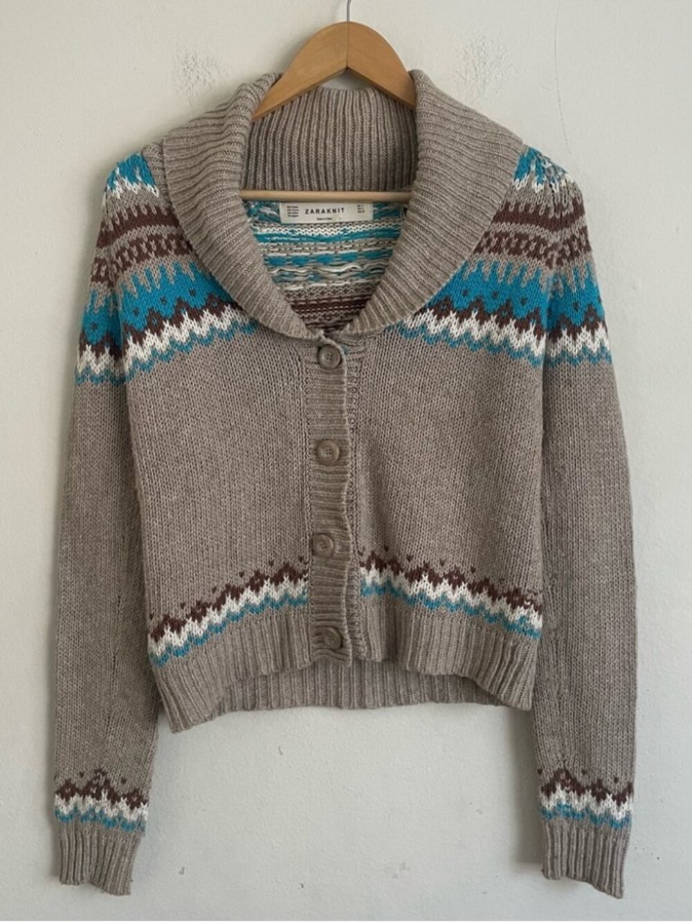 ZARA Knit Navajo Tribal Fair Isle Shawl Collar Button Up Sweater S Cotton Blend